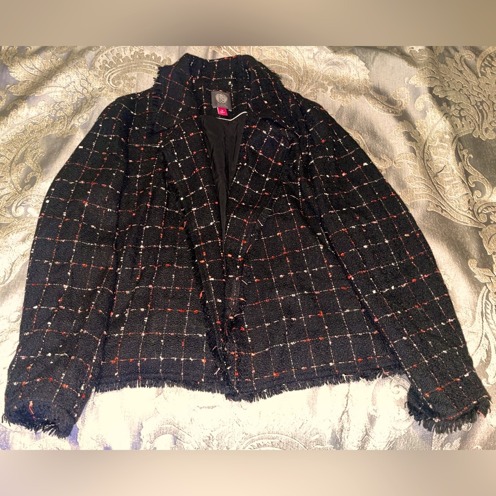 NEW Vince Camuto Spring Windowpane Tweed Open Front Jacket